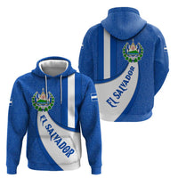 El Salvador Coat of Arms Hoodie with Curved Text and Blue Patterned Background - Wonder Print Shop