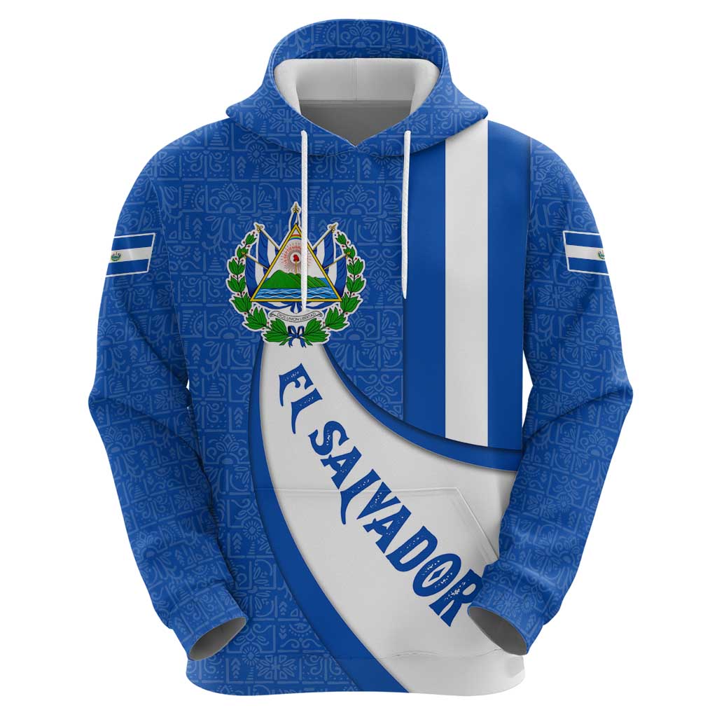El Salvador Coat of Arms Hoodie with Curved Text and Blue Patterned Background - Wonder Print Shop