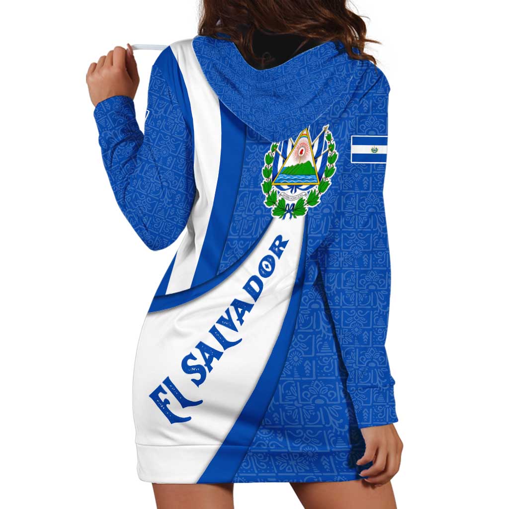 El Salvador Coat of Arms Hoodie Dress with Curved Text and Blue Patterned Background - Wonder Print Shop