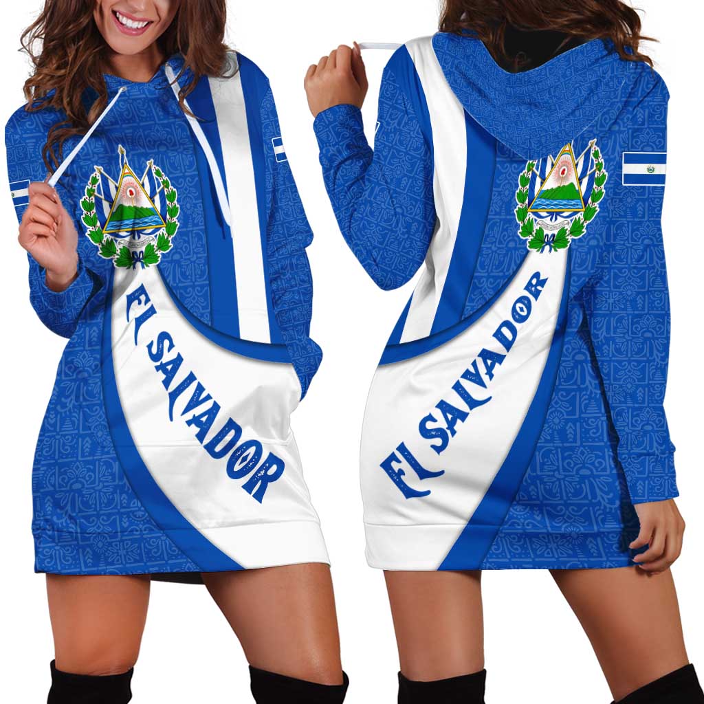 El Salvador Coat of Arms Hoodie Dress with Curved Text and Blue Patterned Background - Wonder Print Shop