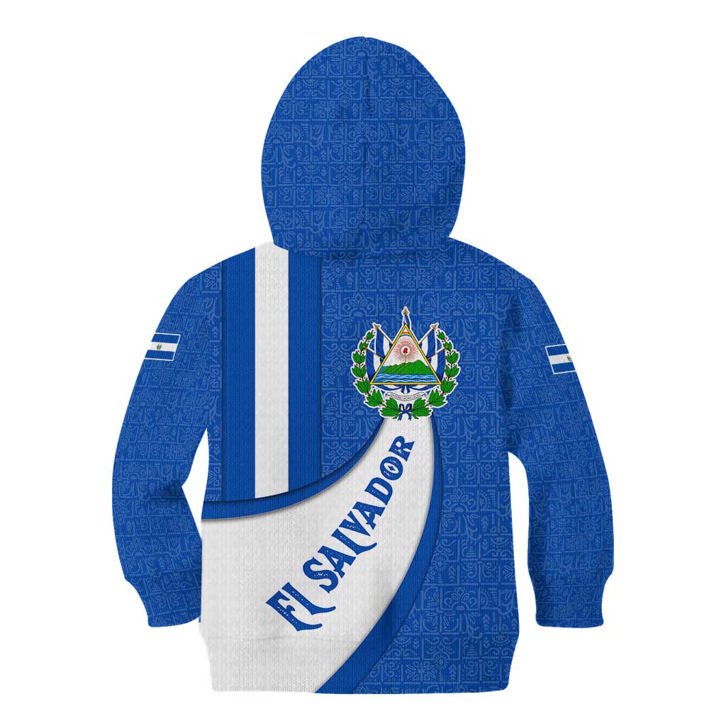 El Salvador Coat of Arms Kid Hoodie with Curved Text and Blue Patterned Background - Wonder Print Shop