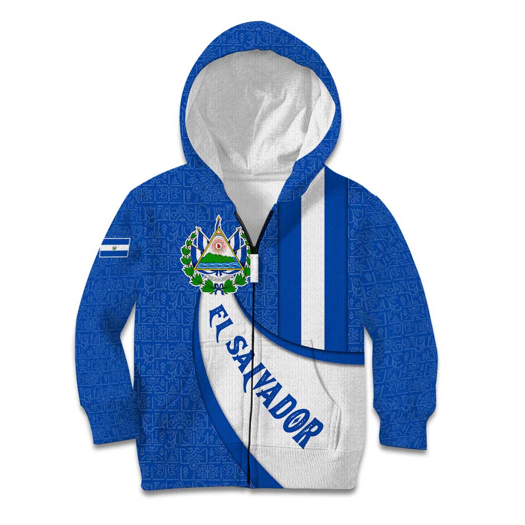 El Salvador Coat of Arms Kid Hoodie with Curved Text and Blue Patterned Background - Wonder Print Shop