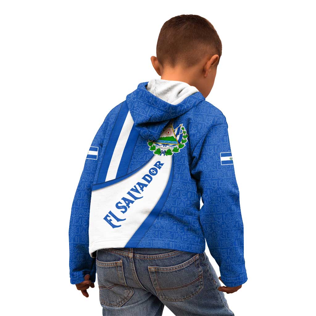 El Salvador Coat of Arms Kid Hoodie with Curved Text and Blue Patterned Background - Wonder Print Shop