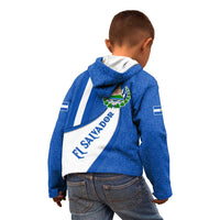 El Salvador Coat of Arms Kid Hoodie with Curved Text and Blue Patterned Background - Wonder Print Shop