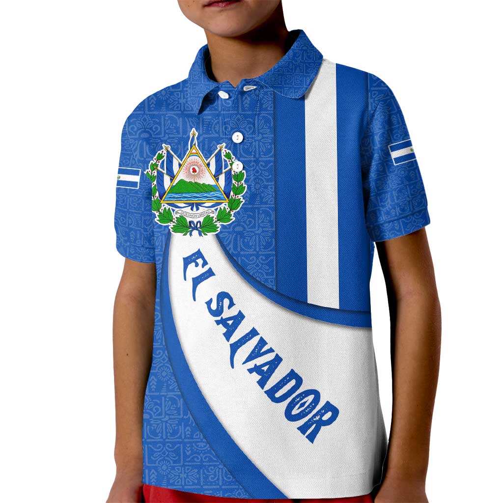 El Salvador Coat of Arms Kid Polo Shirt with Curved Text and Blue Patterned Background - Wonder Print Shop