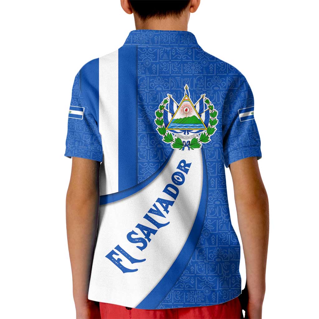 El Salvador Coat of Arms Kid Polo Shirt with Curved Text and Blue Patterned Background - Wonder Print Shop