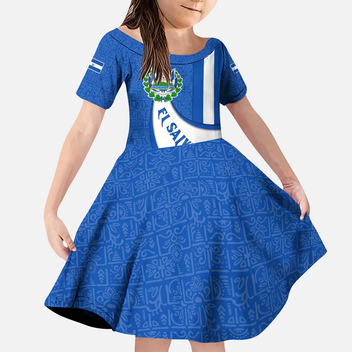 El Salvador Coat of Arms Kid Short Sleeve Dress with Curved Text and Blue Patterned Background - Wonder Print Shop