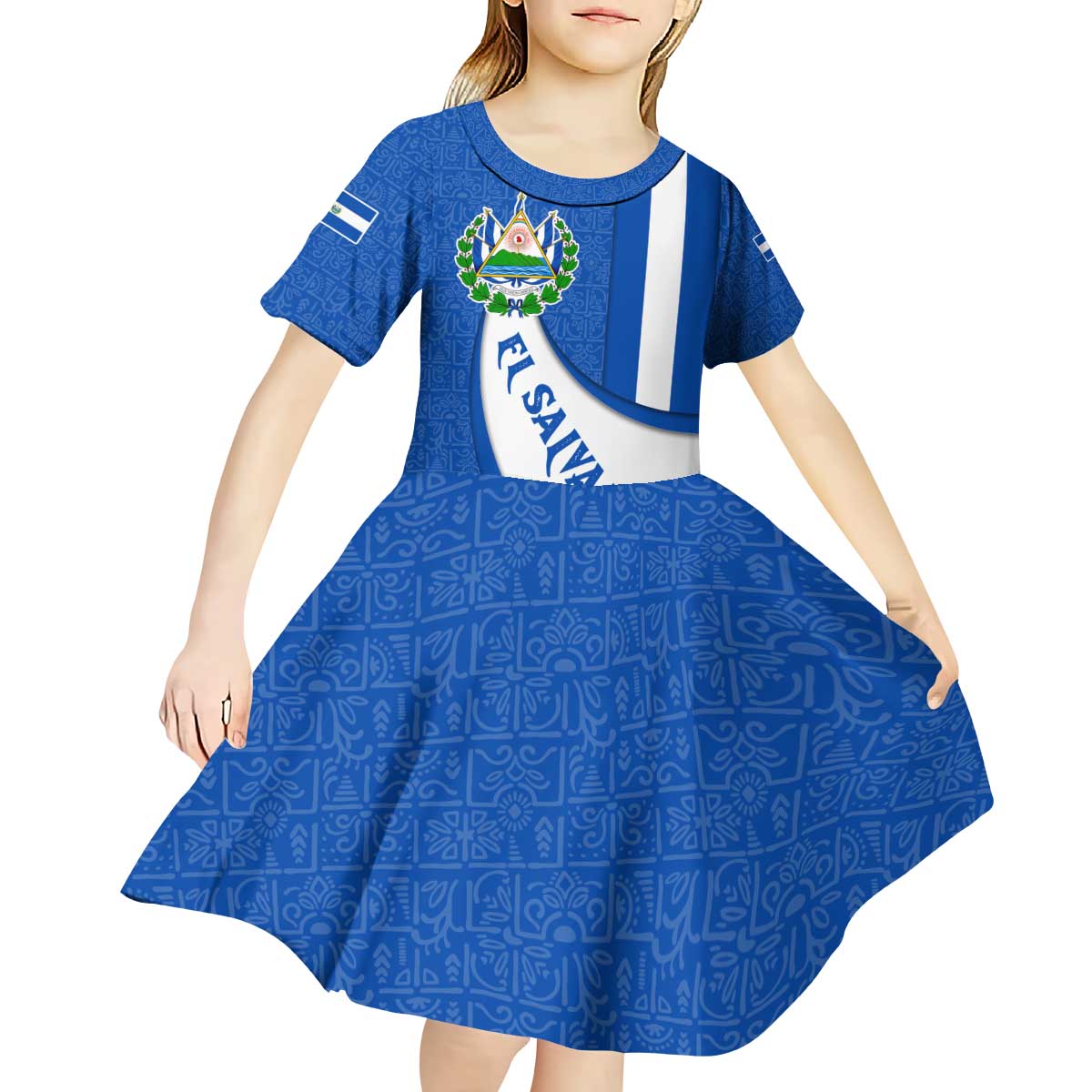 El Salvador Coat of Arms Kid Short Sleeve Dress with Curved Text and Blue Patterned Background - Wonder Print Shop