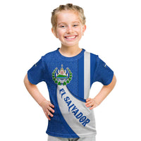 El Salvador Coat of Arms Kid T Shirt with Curved Text and Blue Patterned Background - Wonder Print Shop