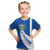 El Salvador Coat of Arms Kid T Shirt with Curved Text and Blue Patterned Background - Wonder Print Shop