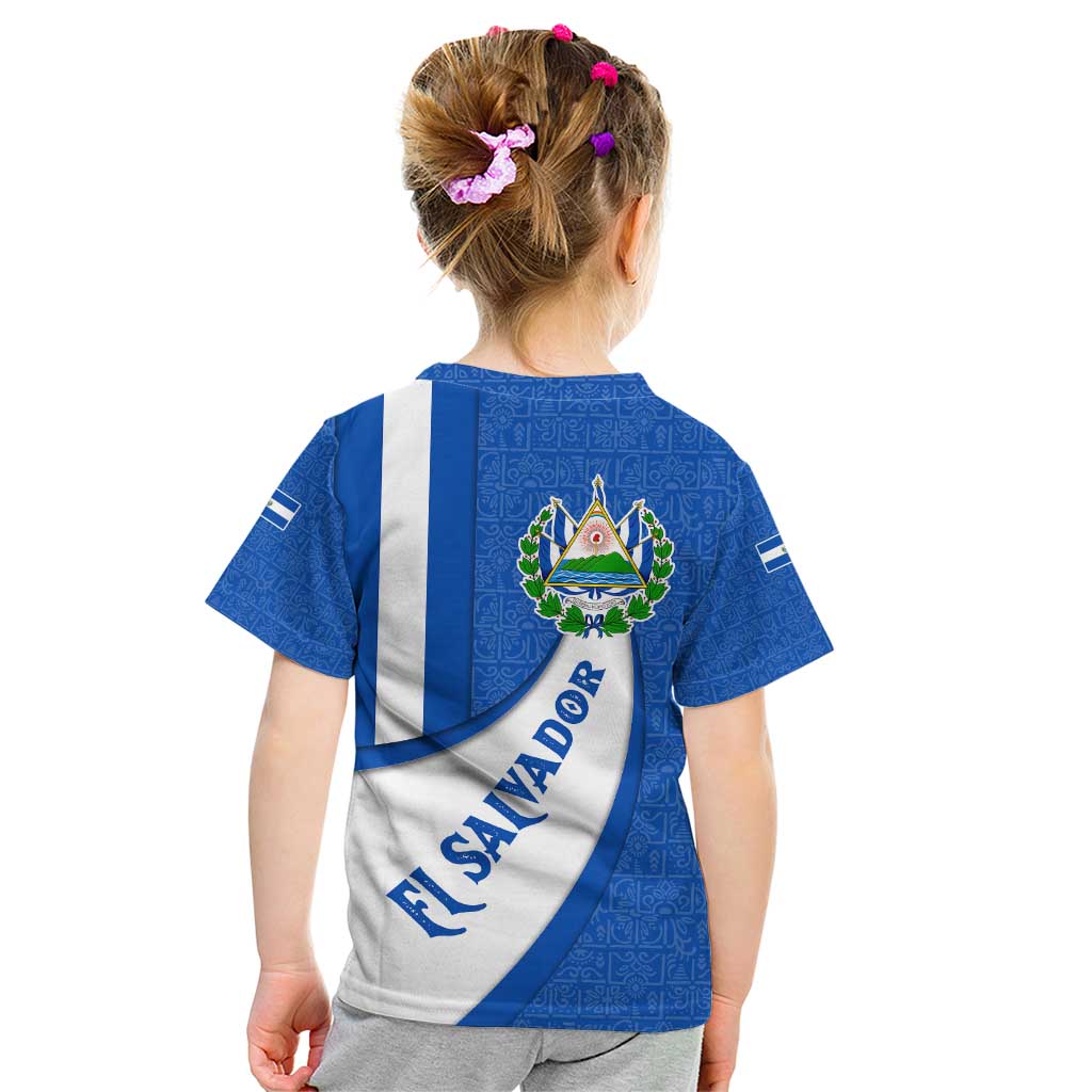 El Salvador Coat of Arms Kid T Shirt with Curved Text and Blue Patterned Background - Wonder Print Shop
