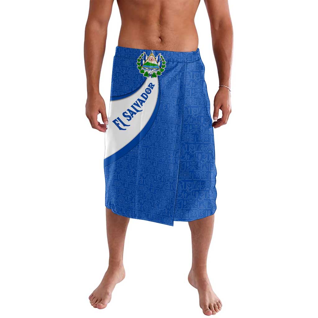 El Salvador Coat of Arms Lavalava with Curved Text and Blue Patterned Background - Wonder Print Shop