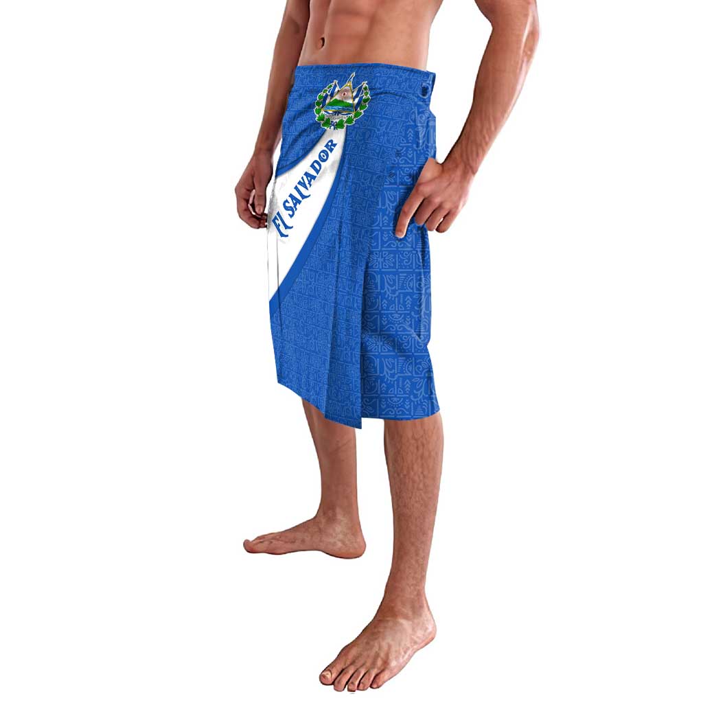 El Salvador Coat of Arms Lavalava with Curved Text and Blue Patterned Background - Wonder Print Shop