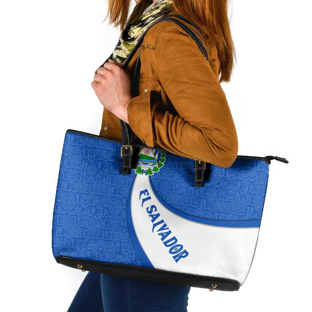 El Salvador Coat of Arms Leather Tote Bag with Curved Text and Blue Patterned Background - Wonder Print Shop