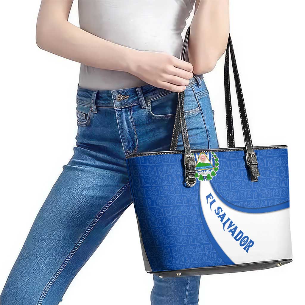 El Salvador Coat of Arms Leather Tote Bag with Curved Text and Blue Patterned Background - Wonder Print Shop
