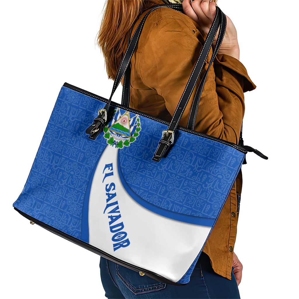 El Salvador Coat of Arms Leather Tote Bag with Curved Text and Blue Patterned Background - Wonder Print Shop