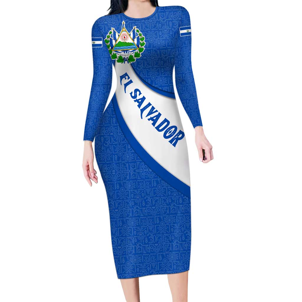 El Salvador Coat of Arms Long Sleeve Bodycon Dress with Curved Text and Blue Patterned Background - Wonder Print Shop