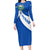 El Salvador Coat of Arms Long Sleeve Bodycon Dress with Curved Text and Blue Patterned Background - Wonder Print Shop
