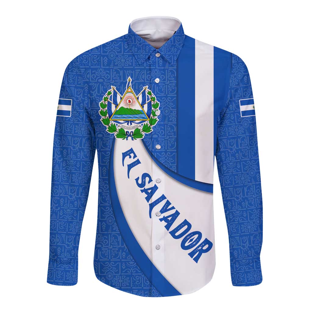 El Salvador Coat of Arms Long Sleeve Button Shirt with Curved Text and Blue Patterned Background - Wonder Print Shop