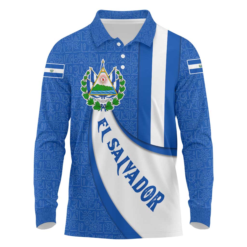 El Salvador Coat of Arms Long Sleeve Polo Shirt with Curved Text and Blue Patterned Background - Wonder Print Shop