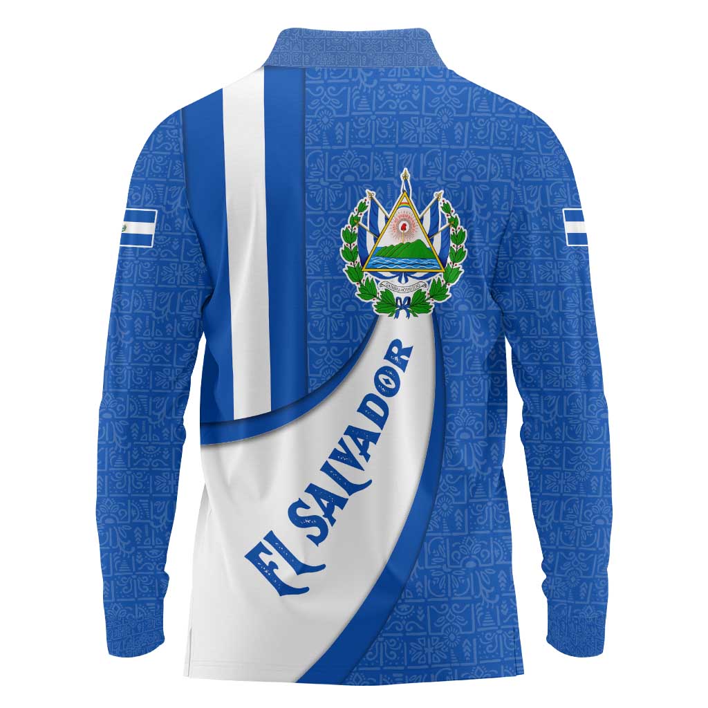 El Salvador Coat of Arms Long Sleeve Polo Shirt with Curved Text and Blue Patterned Background - Wonder Print Shop