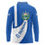 El Salvador Coat of Arms Long Sleeve Polo Shirt with Curved Text and Blue Patterned Background - Wonder Print Shop