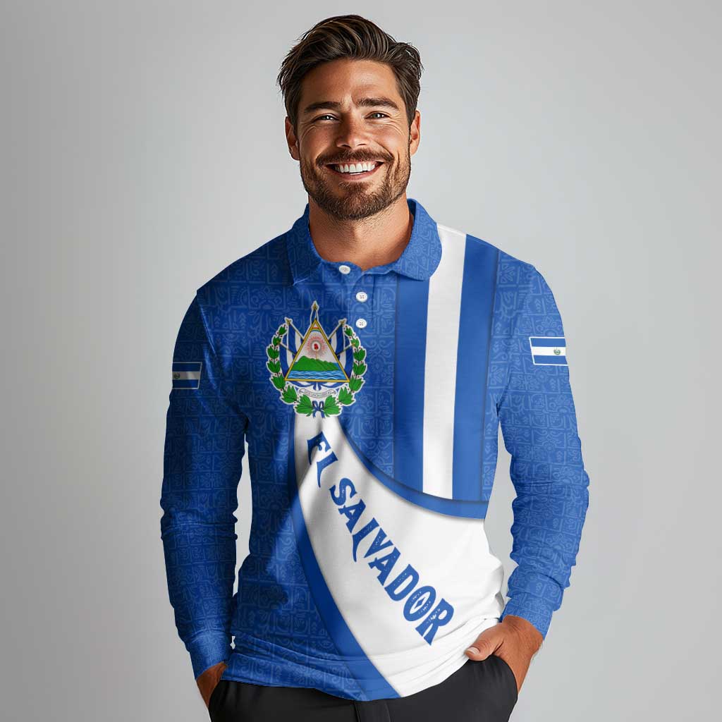 El Salvador Coat of Arms Long Sleeve Polo Shirt with Curved Text and Blue Patterned Background - Wonder Print Shop