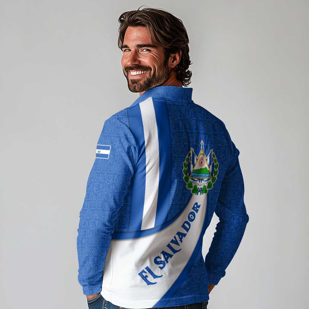 El Salvador Coat of Arms Long Sleeve Polo Shirt with Curved Text and Blue Patterned Background - Wonder Print Shop