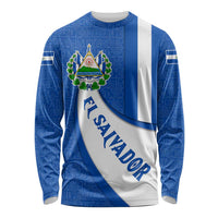 El Salvador Coat of Arms Long Sleeve Shirt with Curved Text and Blue Patterned Background - Wonder Print Shop