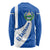 El Salvador Coat of Arms Long Sleeve Shirt with Curved Text and Blue Patterned Background - Wonder Print Shop