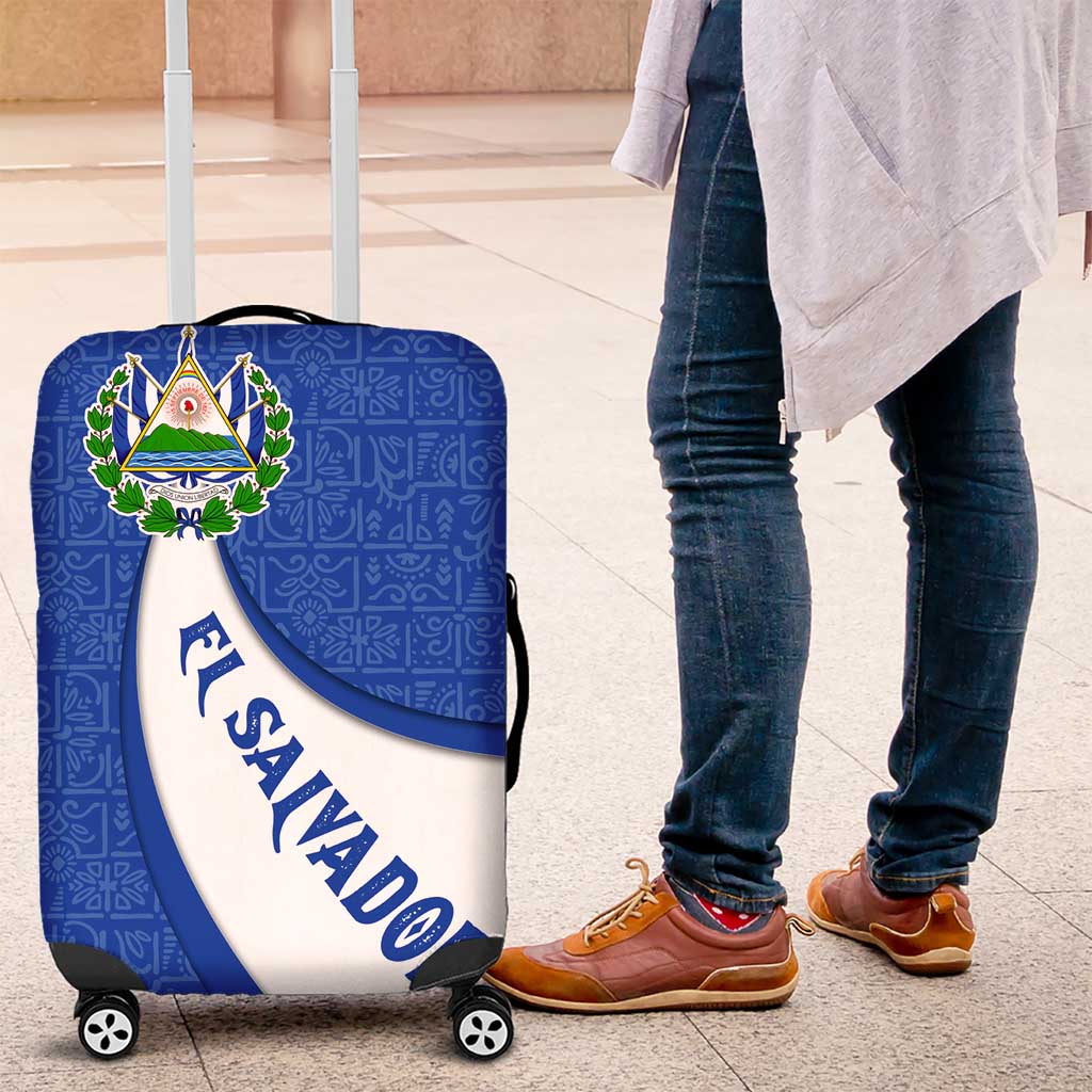 El Salvador Coat of Arms Luggage Cover with Curved Text and Blue Patterned Background - Wonder Print Shop