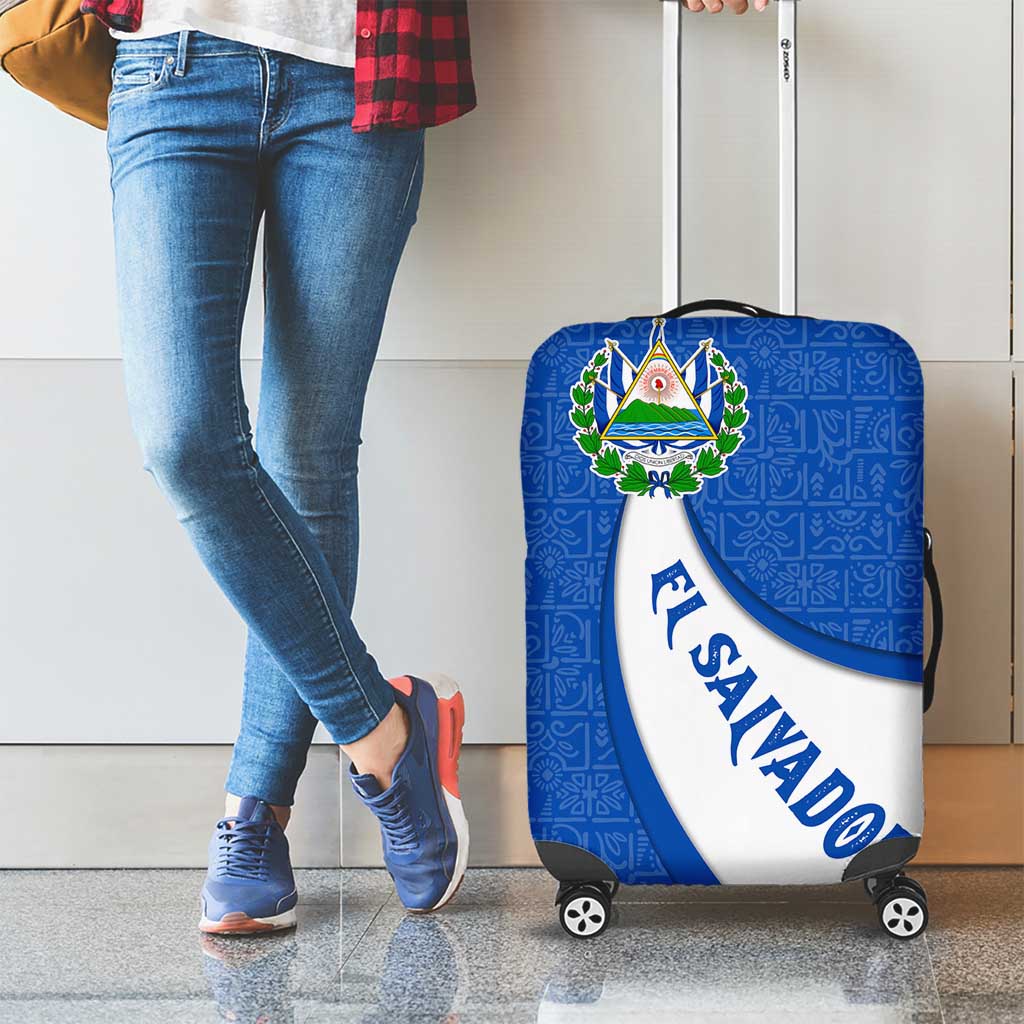 El Salvador Coat of Arms Luggage Cover with Curved Text and Blue Patterned Background - Wonder Print Shop