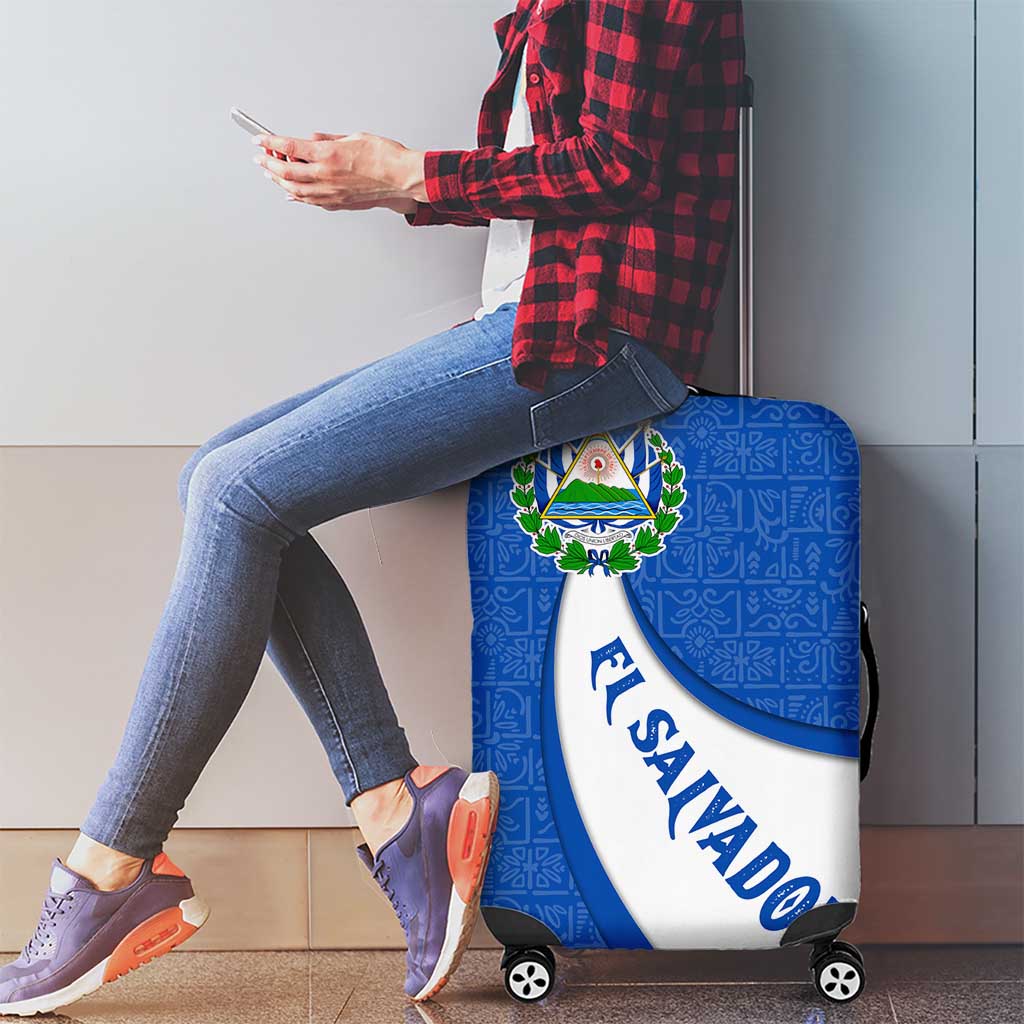 El Salvador Coat of Arms Luggage Cover with Curved Text and Blue Patterned Background - Wonder Print Shop