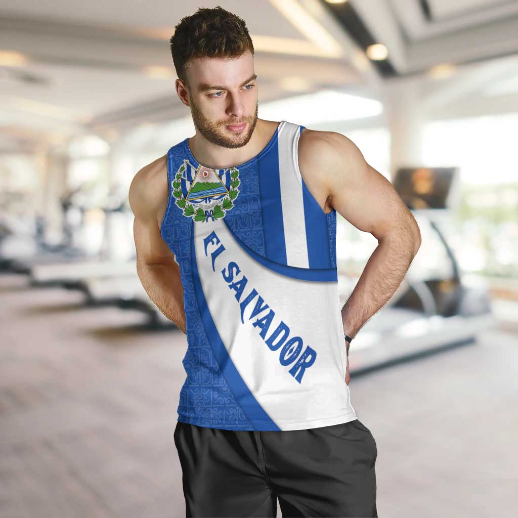 El Salvador Coat of Arms Men Tank Top with Curved Text and Blue Patterned Background - Wonder Print Shop