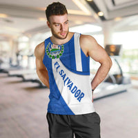 El Salvador Coat of Arms Men Tank Top with Curved Text and Blue Patterned Background - Wonder Print Shop