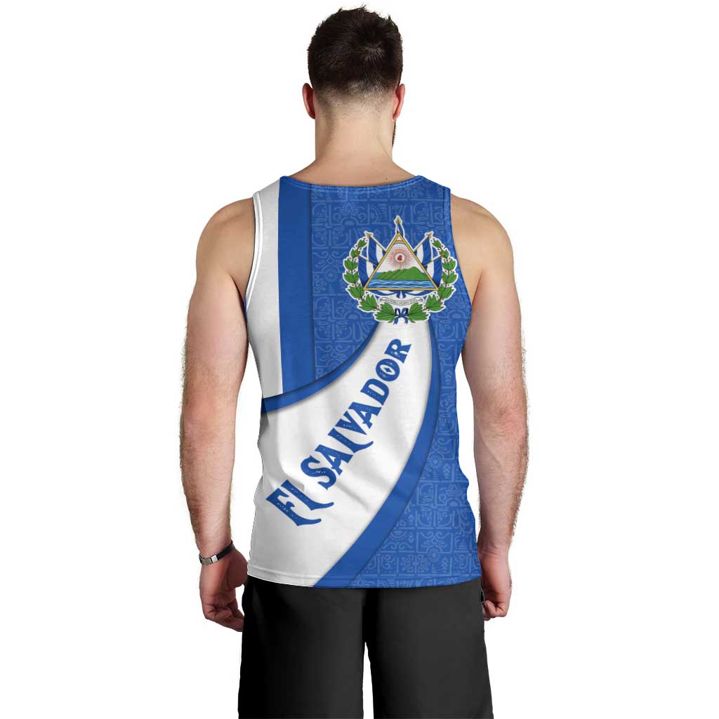 El Salvador Coat of Arms Men Tank Top with Curved Text and Blue Patterned Background - Wonder Print Shop