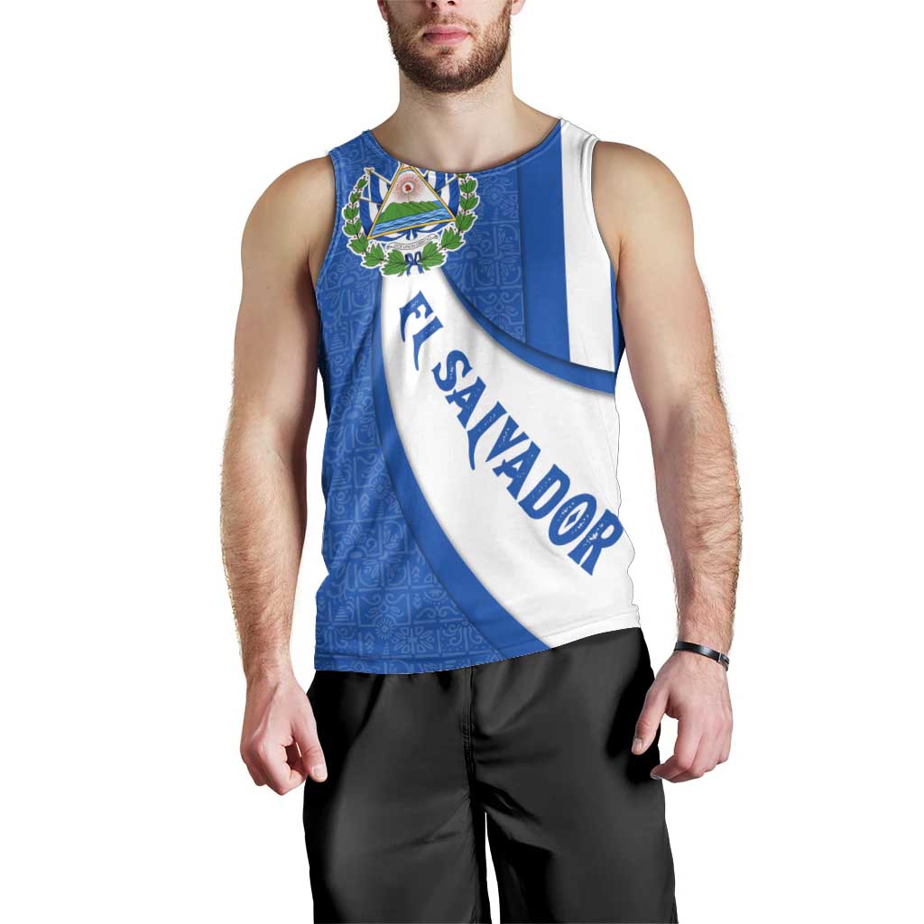 El Salvador Coat of Arms Men Tank Top with Curved Text and Blue Patterned Background - Wonder Print Shop