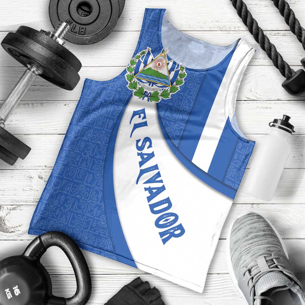 El Salvador Coat of Arms Men Tank Top with Curved Text and Blue Patterned Background - Wonder Print Shop