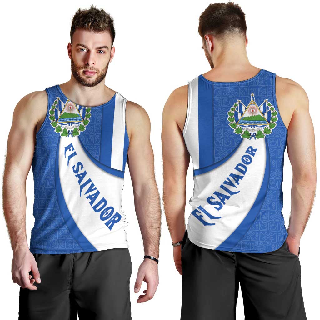 El Salvador Coat of Arms Men Tank Top with Curved Text and Blue Patterned Background - Wonder Print Shop