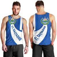 El Salvador Coat of Arms Men Tank Top with Curved Text and Blue Patterned Background - Wonder Print Shop