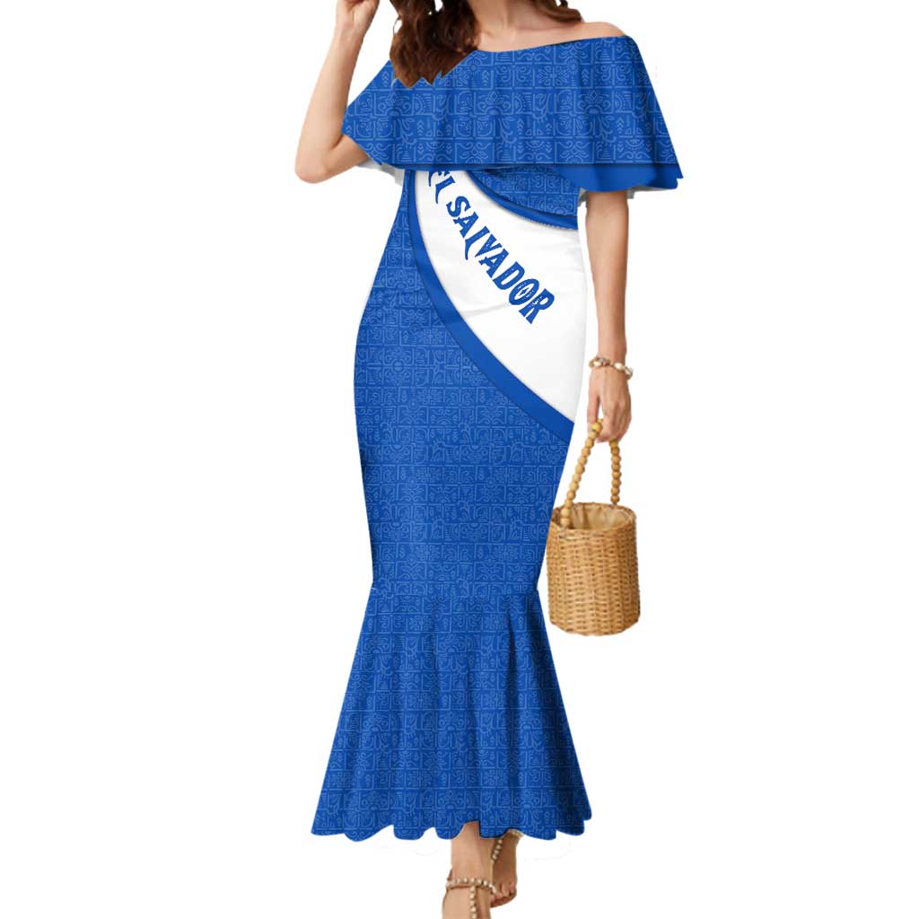 El Salvador Coat of Arms Mermaid Dress with Curved Text and Blue Patterned Background - Wonder Print Shop