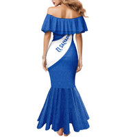 El Salvador Coat of Arms Mermaid Dress with Curved Text and Blue Patterned Background - Wonder Print Shop