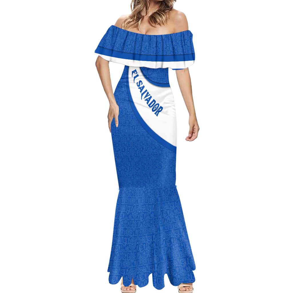 El Salvador Coat of Arms Mermaid Dress with Curved Text and Blue Patterned Background - Wonder Print Shop