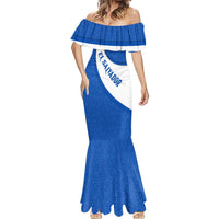 El Salvador Coat of Arms Mermaid Dress with Curved Text and Blue Patterned Background - Wonder Print Shop