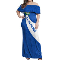 El Salvador Coat of Arms Off Shoulder Maxi Dress with Curved Text and Blue Patterned Background - Wonder Print Shop