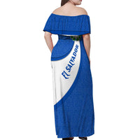 El Salvador Coat of Arms Off Shoulder Maxi Dress with Curved Text and Blue Patterned Background - Wonder Print Shop