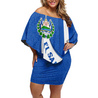 El Salvador Coat of Arms Off Shoulder Short Dress with Curved Text and Blue Patterned Background - Wonder Print Shop