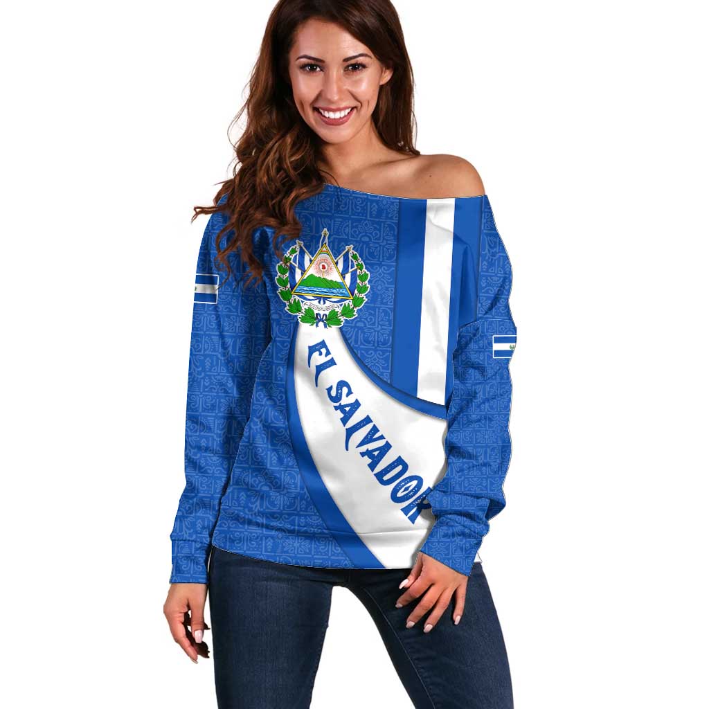 El Salvador Coat of Arms Off Shoulder Sweater with Curved Text and Blue Patterned Background - Wonder Print Shop