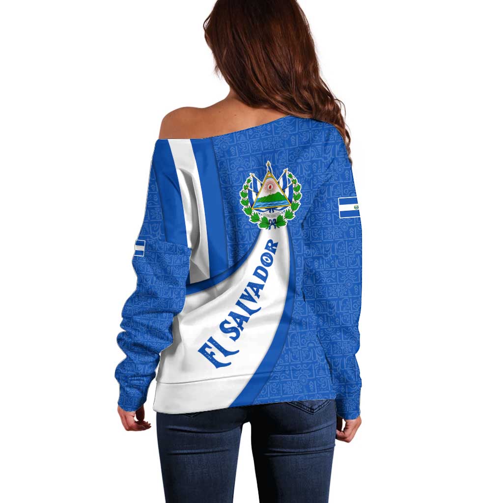 El Salvador Coat of Arms Off Shoulder Sweater with Curved Text and Blue Patterned Background - Wonder Print Shop