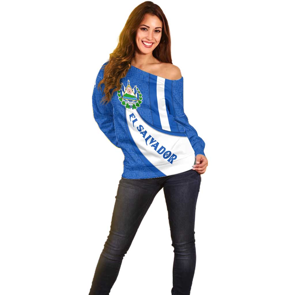 El Salvador Coat of Arms Off Shoulder Sweater with Curved Text and Blue Patterned Background - Wonder Print Shop